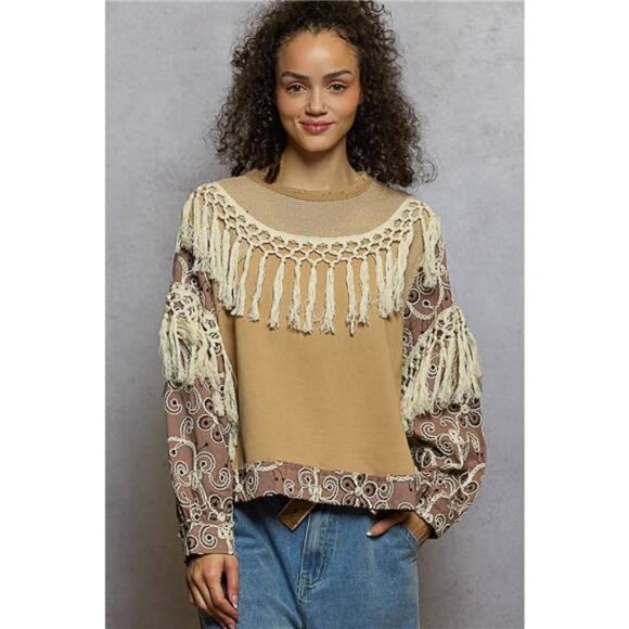 POL Tops - POL Contrast Floral Embroidery Balloon Sleeve Top with Tassel Trim